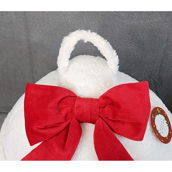 Christmas Jingle Bell Decorative Pillow White Sherpa Red Coquette Bow 12x12 NEW - Picture 8 of 8